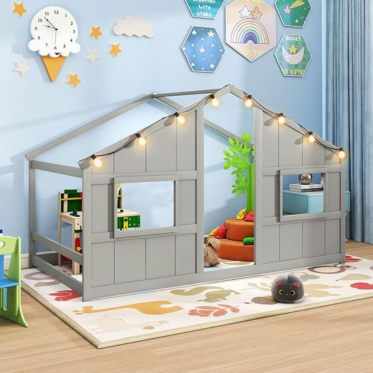 Twin Montessori Floor Bed with Roof, LED Light, Wood House Bed Frame with Headboard and 2 Windows, Low to Ground Cute Playhouse Bed for Kids, Girls, Boys, Without Slats (Grey)