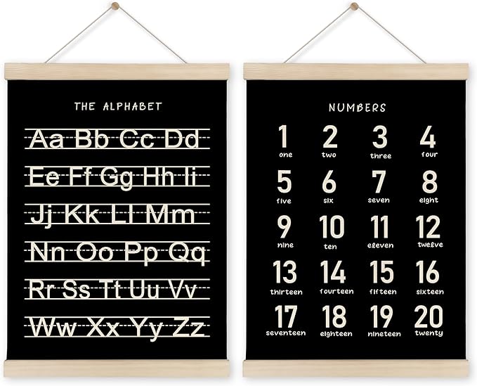 HRQKO Black Alphabet Numbers Poster Hanger Frame Set of 2, Nursery Wall Decor, ABC Poster Wall Art with Wooden Frames, Alphabet Banner Wall Hanging Decor for Playroom Boy Toddler Room, 12x16 Inch