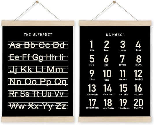 HRQKO Black Alphabet Numbers Poster Hanger Frame Set of 2, Nursery Wall Decor, ABC Poster Wall Art with Wooden Frames, Alphabet Banner Wall Hanging Decor for Playroom Boy Toddler Room, 12x16 Inch