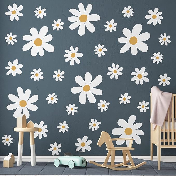 TaoBary 12 Sheets Daisy Wall Decal Flower Wall Sticker Cute Daisy Sticker Pink White Flower Decal Peel and Stick Floral Wallpaper for Nursery Bedroom Home Decor(White, Yellow,Cute Style)