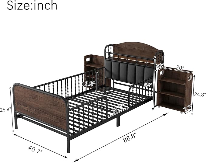 Ball & Cast Twin Size Toddler Bed W/LED Light,Metal Bed W/Storage Headboard & 2 3-Tiers Storage Shelves,Platform Bed Frame W/Safety Guardrails & Low Profile Design,for Boys Girls,Black