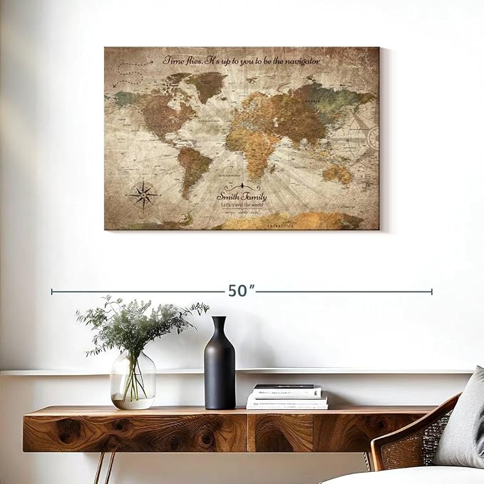 ElephantStock - Personalized Be The Navigator I Push Pin World Map Wall Art - Horizontal Canvas Wall Art - Living Room Wall Decor - Digital Art Map Canvas Art - Brown And Beige Decor - 36" x 24"