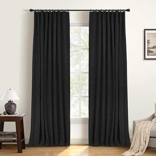 INOVADAY 100% Blackout Curtains for Bedroom, Black Out Curtains 90 Inch Long, Clip Rings Linen Blackout Drapes, Thermal Insulated Room Darkening for Living Room, 2 Panels - Black,W50xL90