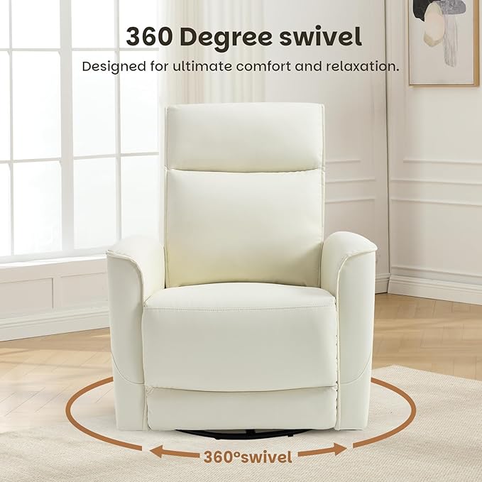 CANMOV Rocker Recliner Chair,360°Swivel Nursery Glider Recliner,Manual Recliner Sofa with Padded Armrest and Backrest,Leather Recliner for Small Spaces,Living Room,Bedroom (White)