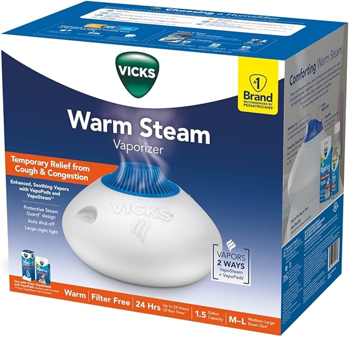 Vicks Warm Steam Vaporizer, Small to Medium Rooms, 1.5 Gallon Tank – Warm Mist Humidifier for Baby and Kids Rooms with Night Light, Works with Vicks VapoPads and VapoSteam
