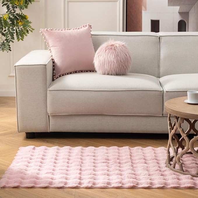 Ashler Faux Rabbit Fur Rug, Pink 4x6 FT Fluffy Soft Area Rug, Rectangle Fuzzy Carpet for Living Room, Bedroom, Machine Washable Shaggy Nursery Rug - 3D Bubble Rug