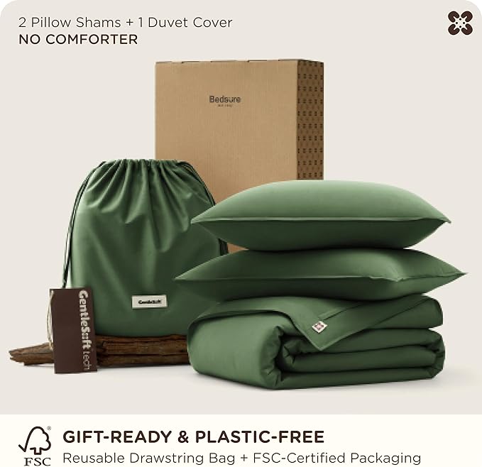 Bedsure Cooling Duvet Cover Queen Size, Cotton & Rayon Derived from Bamboo Blend Duvet Cover Set for Hot Sleepers,Ultra-Soft, Breathable & Lightweight Home Bedding for All Seasons(Olive Green,90"x90")