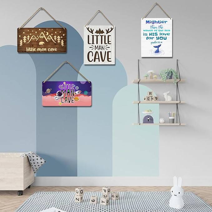 Little Man Cave Sign Woodland Nursery Wall Decor for Baby Boys Rustic Bear Forest Animal Wood Signs, Nursery Room Decor for Boys Bedroom Farmhouse Sign Wooden Wall Art 12x6 Inch