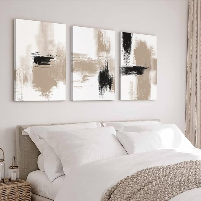 Beige Abstract Wall Art Painting Set of 3 Neutral Canvas Wall Art Prints Black Beige Modern Wall Decor Minimalist Art Pictures Abstract Modern Artwork for Room Bedroom 12x16 Inch Framed