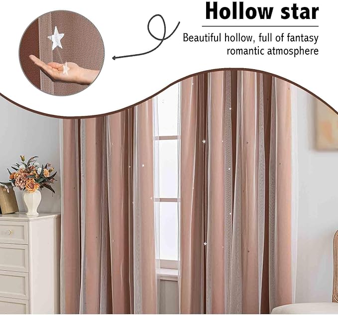 Anytime Romantic Kids Curtain,Hollow-Out Stars Window Curtain Double Layer Blackout Curtains for Girls Bedroom Kids Room 2Panel,(W52 x L95,Orange)