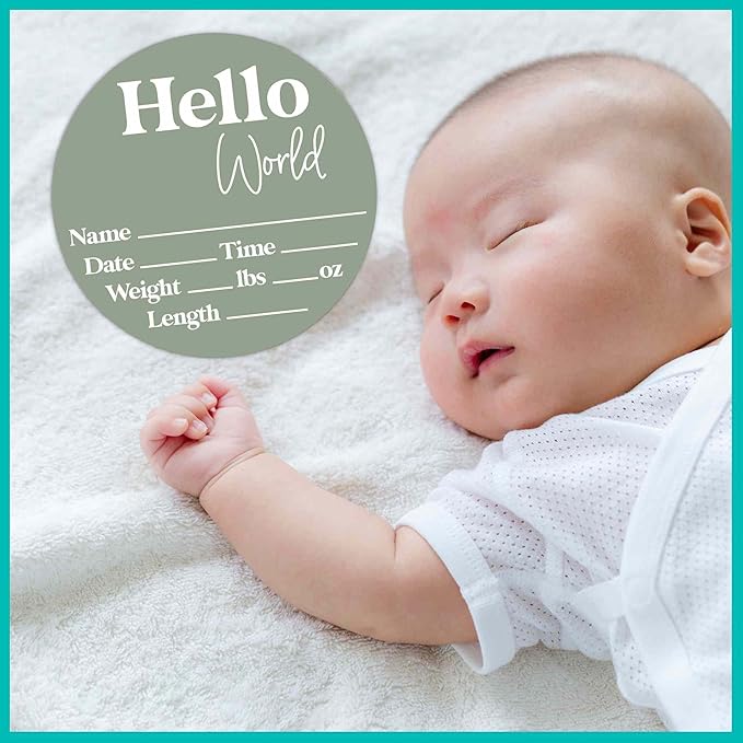 Hello World Newborn Sign - Baby Name Birth Announcement Plaque for Hospital - Photo Prop - Sage Green Nursery Decor - Shower Gift