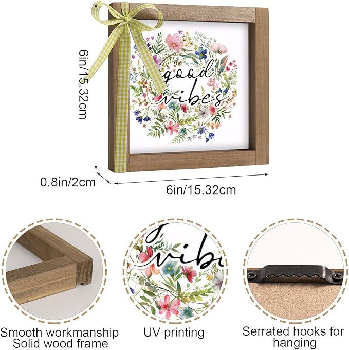 Wooden Good Vibes Sign with Wreath, 6 Inch Positive Inspirational Office Decor for Women Desk, Rustic Farmhouse Indoor Cubicle Table Shelf Dorm Room Flower Wall Art Aesthetic Home Decorations