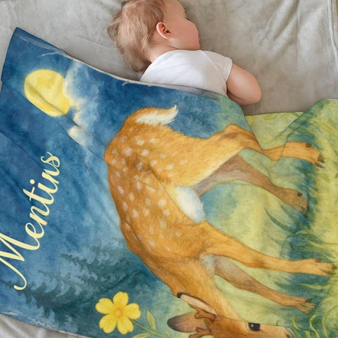 Ship Next Day Personalized Baby Blanket for Kids, Custom Baby Blanket with Name, Super Soft Flannel Blankets, Custom Deer Animal Blankets Baby Gifts for Christmas.