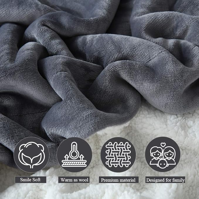 NANPIPER Flannel Blanket Reversible Sherpa Throw Blanket Super Soft Fuzzy Plush Microfiber (90"x90" Gray) Queen