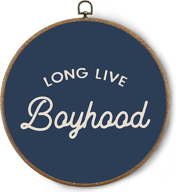 BitKAM Boy Nursery Round Wall Art Decor, Long Live Boyhood Canvas Prints Framed, Retro Navy Blue Wall Hanging Decorations for Kids Boys Nursery Bedroom Playroom, 10x10 Inch Wall Sculptures