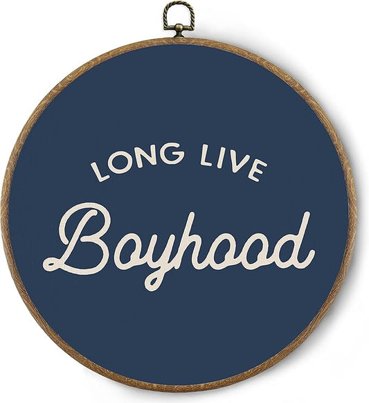 BitKAM Boy Nursery Round Wall Art Decor, Long Live Boyhood Canvas Prints Framed, Retro Navy Blue Wall Hanging Decorations for Kids Boys Nursery Bedroom Playroom, 10x10 Inch Wall Sculptures