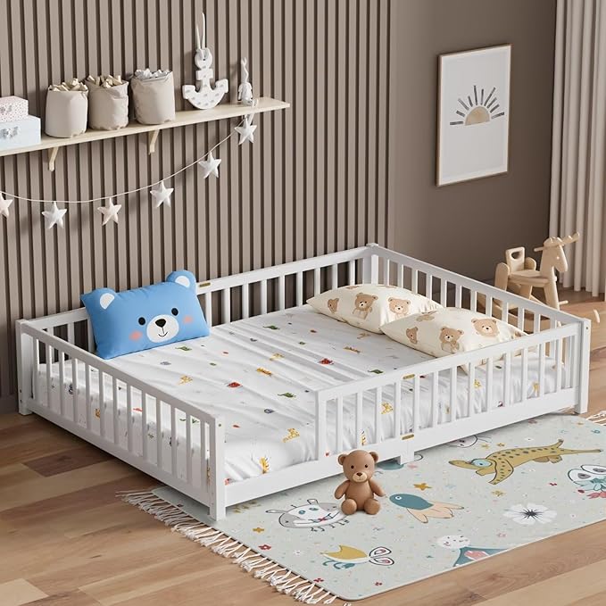 LLS Queen Floor Bed for Kids Toddlers, Solid Wood Multifunctional Montessori Bed Frame with Safety Guardrails, Without Door, Easy Assemble,White