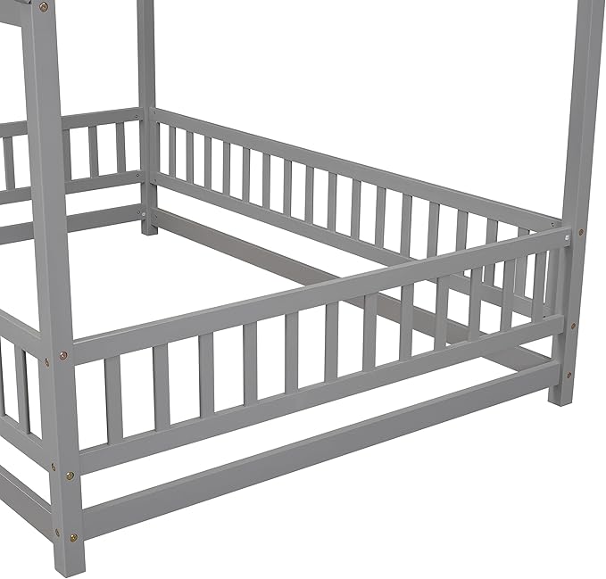 Bellemave Full Size House Bed Frame for Kids,Full Floor Bed,Wooden Montessori Floor Bed with Fence and Roof,Full Kids Bed Frame for Girls,Boys,Gray