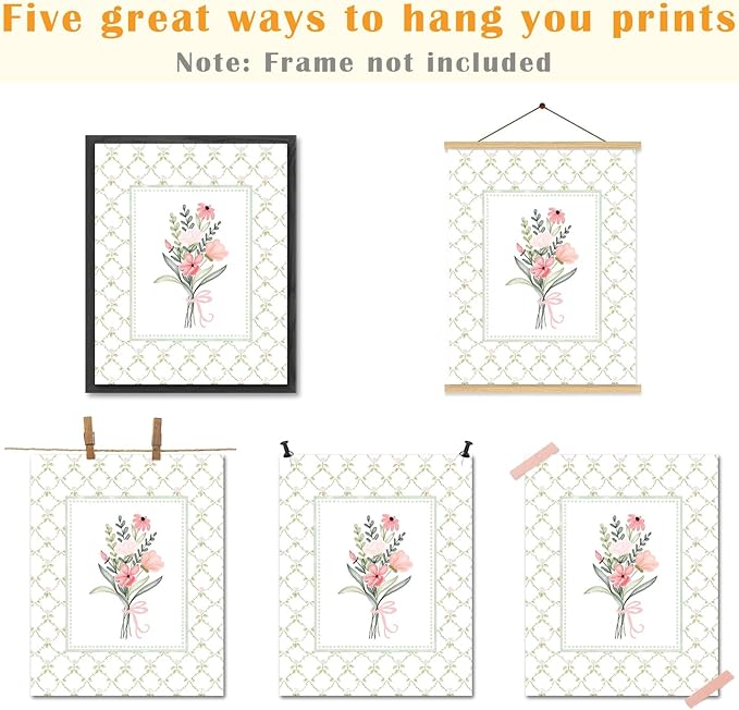 JINYO Rustic Green Plaid Floral Wall Art Prints Set of 4, Floral Room Decor, Boho Cottagecore Botanical Wildflower Posters Pictures Wall Decor Home Bedroom Living Room, 8x10 Unframed