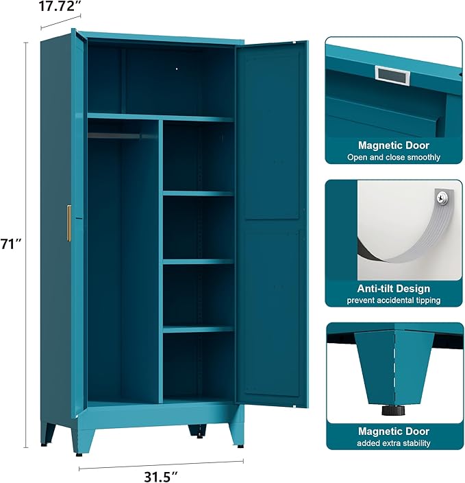 71'' Farmhouse Metal Wardrobe Cabinet with Hanging Rod, 2 Barn Door Wardrobe Closet with 5 Adjustable Shelves,Drawer,for Dining Room,Bedroom,Living Room, Cloak Room,Office (Peacock Blue)