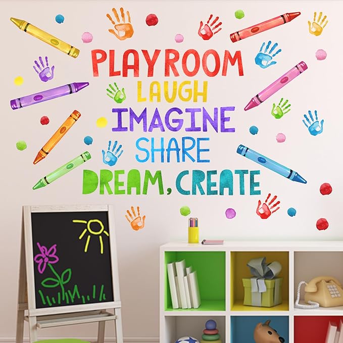 Mfault Playroom Wall Decals Stickers, Crayon Handprint Polka Dots Inspirational Quote Nursery Decorations Daycare Art, Laugh Imagine Share Dream Create Toddler Kids Room Bedroom School Classroom Decor
