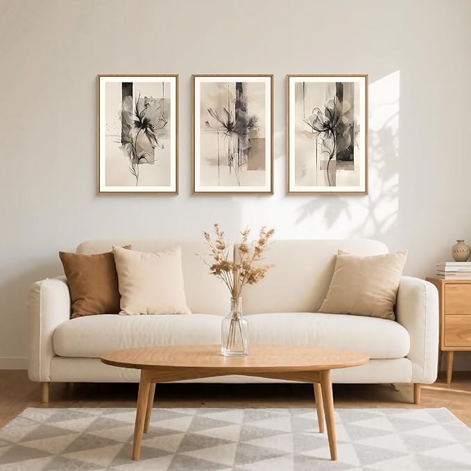 FWIEXA Black Beige Floral Canvas Wall Art Set 3, Neutral Abstract Florals Framed Prints, Brushstroke Geometry Line Paintings, 24x36In Watercolor Ink Artwork Poster for Farmhouse, Living Room, Bedroom, Office