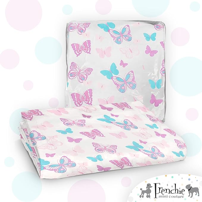 Frenchie Mini Couture, Fitted Crib Sheet Single, 100% Woven Cotton, Toddler Fitted Sheet, Fits Standard Size Baby Mattress 28 x 52 x 8in, Butterfly (White)