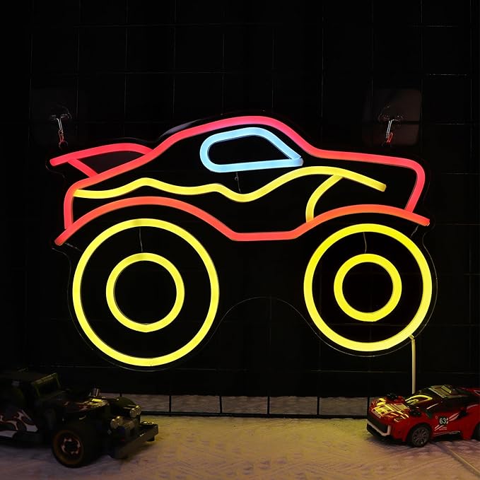 Monster Truck Neon Light, Dimmable LED Truck Neon Wall Sign USB Powered with 4-Color Lights, for Bedroom Living Room Game Room Man Cave Home Birthday Gift for Boys Men