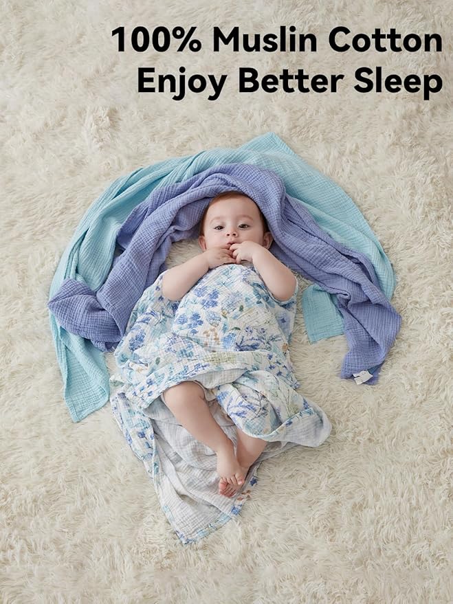 TILLYOU 3 Pack Muslin Swaddles for Newborns Baby Blankets for Girls Boys Cotton Swaddle Blankets 47"X47", Blue Flower