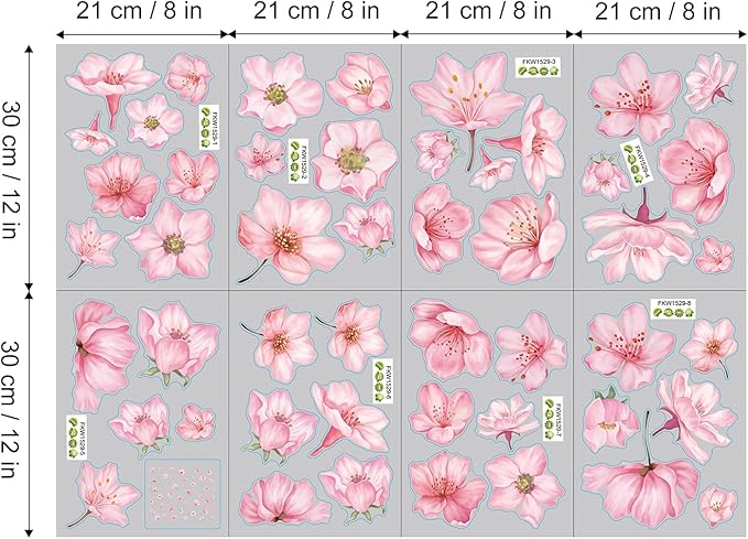 49 Pcs Cherry Blossom Flowers Vinyl Wall Stickers, Watercolor Sakura Floral Peel and Stick Wall Decals, DIY Wall Decor for Girls Bedroom Living Room Nursery