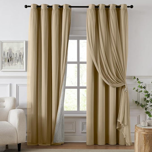 100% Blackout Curtains for Bedroom, Double Layer Khaki Curtains, Black Out Curtain 63 inch Long with Sheer Overlay for Living Room, Room Darkening Window Drapes with Grommet, 52" W x 63" L