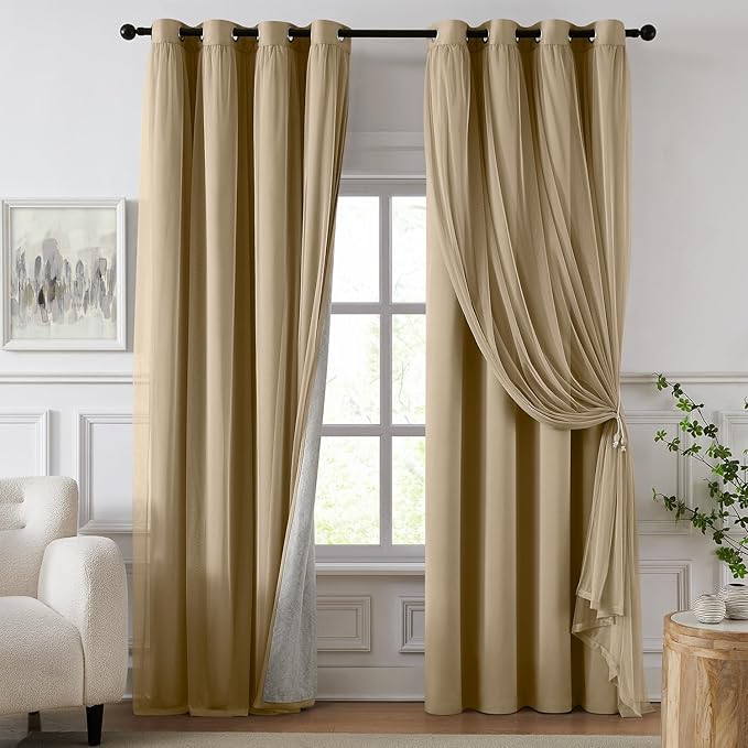 100% Blackout Curtains for Bedroom, Double Layer Khaki Curtains, Black Out Curtain 96 inch Long with Sheer Overlay for Living Room, Room Darkening Window Drapes with Grommet, 52" W x 96" L