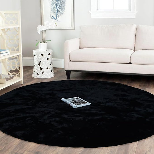 Latepis Round Area Rugs 5ft Black Fuzzy Rug Washable Faux Rabbit Fur Fluffy Plush Shaggy Rugs for Living Room Bedroom Nursery Kids Rug Cute Room Decor