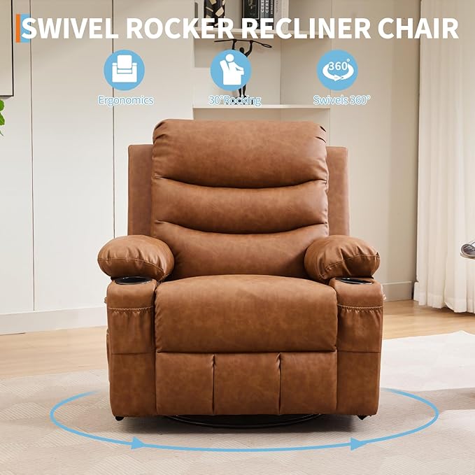 Leather Recliner Chair Nursery, Oversized Manual Reclining Rocking Chair, 360 Swivel Glider with Cup Holder, Massage and Heat Recliner, Small Sofa Chairs for Adults, Living Room, RV, Bedroom, Brown