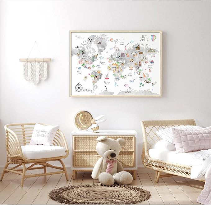 Grey Kids World Map Wall Art Animal Map Canvas Wall Art Nursery Wall Decor World Map Poster Childrens Room Decor Playroom Prints Educational Artwork 16x24 Inch Framed