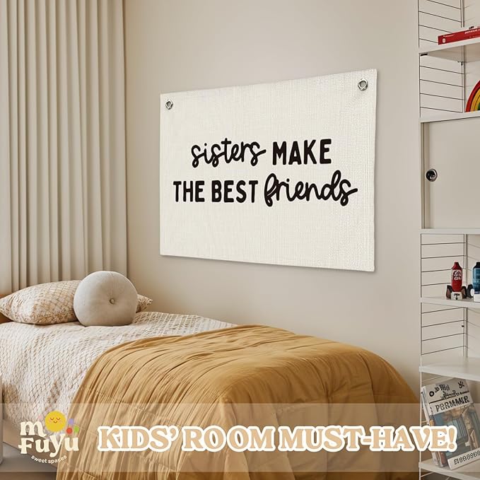 Girl Room Decor,Sisters Make The Best Friends,Bedroom Playroom Wall Art Decor,Girl Nursery Decor Canvas Banner,Sister Room Sign Linen Canvas Banner 30x20 Inch
