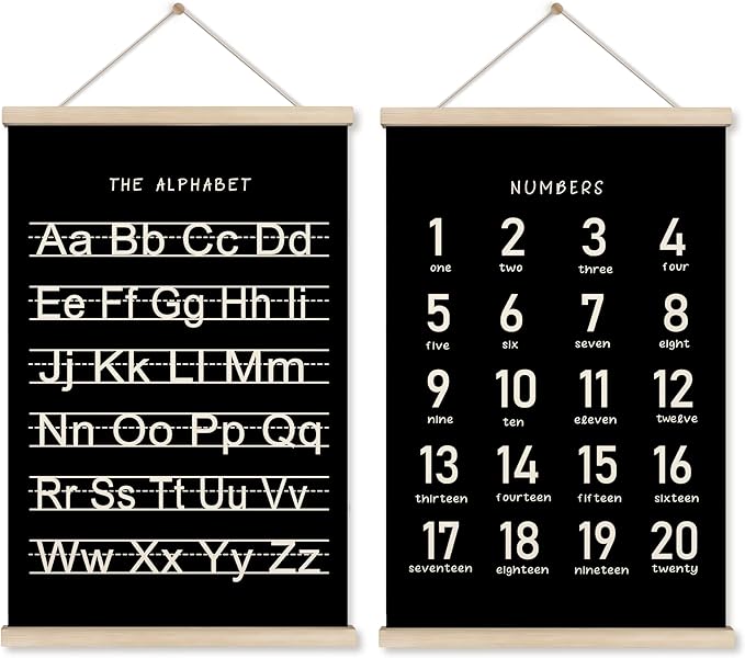 HRQKO Black Alphabet Numbers Poster Hanger Frame Set of 2, Nursery Wall Decor, ABC Poster Wall Art with Wooden Frames, Alphabet Banner Wall Hanging Decor for Playroom Boy Toddler Room, 16x24 inch