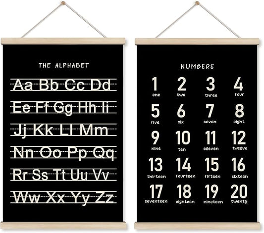 HRQKO Black Alphabet Numbers Poster Hanger Frame Set of 2, Nursery Wall Decor, ABC Poster Wall Art with Wooden Frames, Alphabet Banner Wall Hanging Decor for Playroom Boy Toddler Room, 16x24 inch