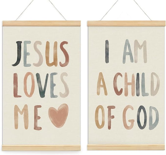 foedor Christian Jesus Decor Wall Art Posters Framed,Bible Verse Child of God Boho Decoration for Nursery Baby Kids Bedroom,Christian Decor for Church Newborn Baby Room Home School 16x24 Inch,Set of 2