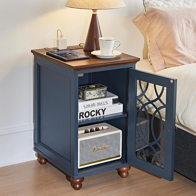 Narrow Side Table with Charging Station Set of 2, Night Stand with Glass Door,Bedside End Tables with Adjustable Shelf Storage Cabinet,Wood Nightstand for Small Spaces Living Room Bedroom