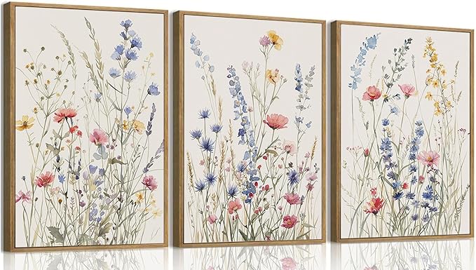 MTFBWY 3Pcs Framed Wildflower Canvas Wall Art – Floral Wall Art Watercolor Prints, Blue Botanical Artwork, Colorful Flower Pictures Decor Printing for Living Room, Girls Bedroom, or Bathroom 24L" x 16W"