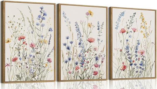 MTFBWY 3Pcs Framed Wildflower Canvas Wall Art – Floral Wall Art Watercolor Prints, Blue Botanical Artwork, Colorful Flower Pictures Decor Printing for Living Room, Girls Bedroom, or Bathroom, 16L" x 12W"
