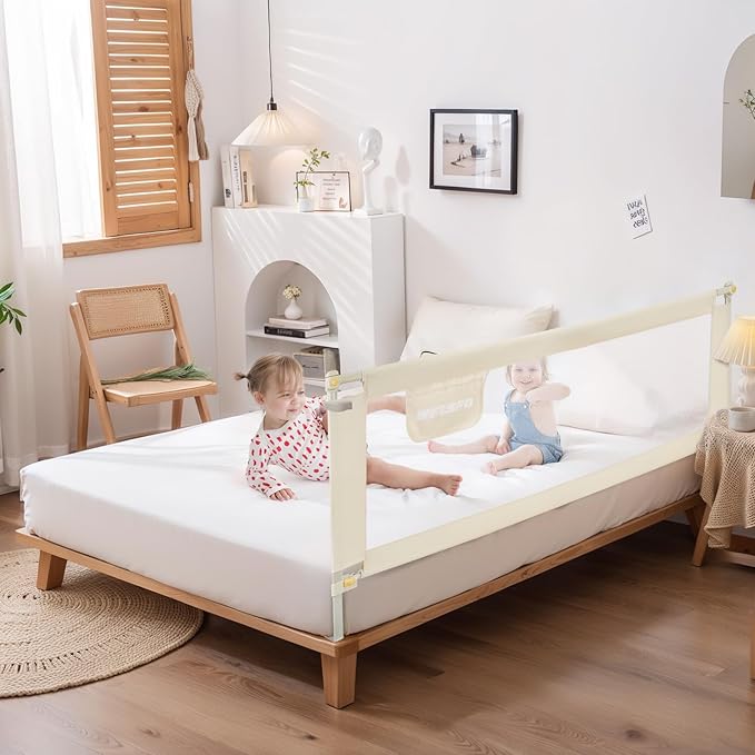 welspo 70 Inches Bed Rail for Toddlers Fold Down Safety Baby Bed Guard Swing Down Bedrail for Convertible Crib, Kids Twin, Double, Full Size Queen & King Mattress, Beige [Upgraded] (1 Pack)