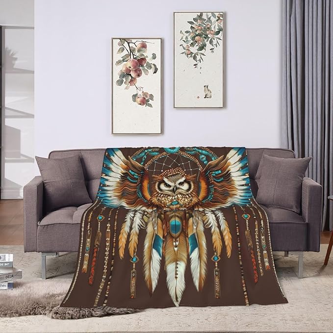 Owl Blanket Native American Decor Throw Blanket Super Soft Flannel Lightweight Fluffy Plush Fuzzy Fleece Indian Blanket Gifts for Girl Woman Adults Man Boys Kids Baby for Bed Sofa 40"X50"