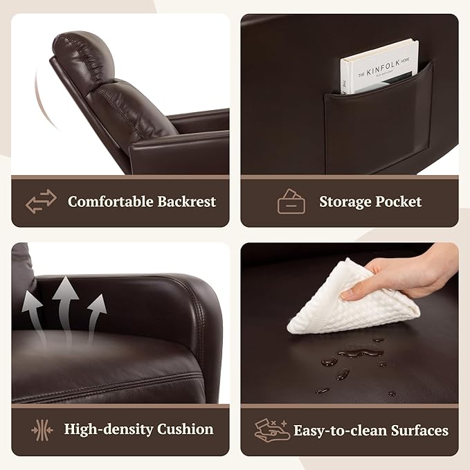 Swivel Rocking Recliner Chair for Small Space, Manual Swivel Glider Recliner for Nursery,RV,Rocking Recliner with Footrest and Side Pocket,Breathable Leather,Dark Brown