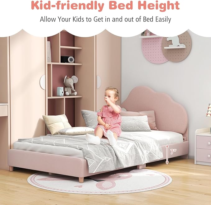 Costzon Twin Bed Frames for Kids, Upholstered Wooden Kids Bed w/Adjustable Headboard, Slats Support, 660 LBS Weight Cap, No Box Spring Needed, Easy Assembly, Twin Platform Bed Frame (Pink Cloud)