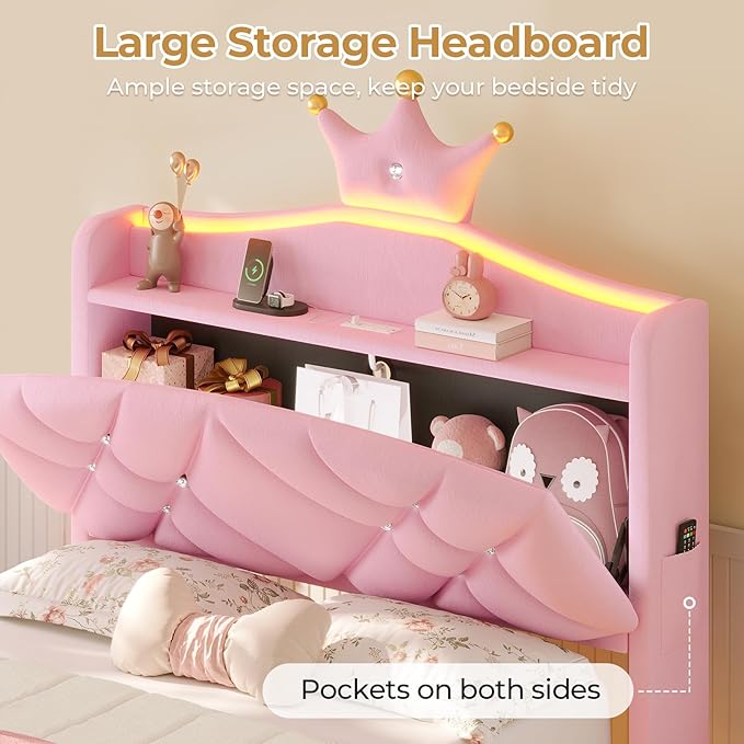 MSmask Twin Bed Frame with LED Lights, Princess Upholstered Bed with Headboard with Charging Station & Crystal Button & Crown, Velvet Platform Bed for Girls, Solid Wood Slats, Curved Legs, Pink