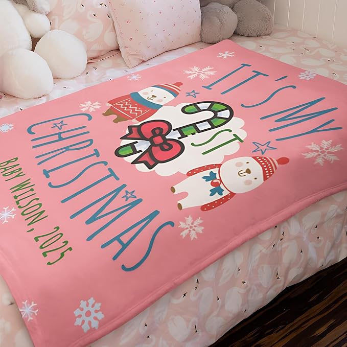Personalized Baby's First Christmas Blanket, Custom Snowmen Candy Canes Baby Name Christmas Blanket, Soft Fleece Or Sherpa Throw, Baby Shower, Made in USA