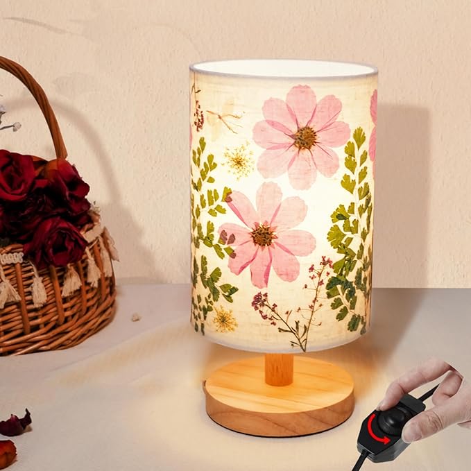 Dried Flowers Small Table Lamp 9W LED Dimmable Warm Light Pressed Flower Bedside Lamp Linen Shade with Wood Base for Bedroom Living Room Desk Nursery