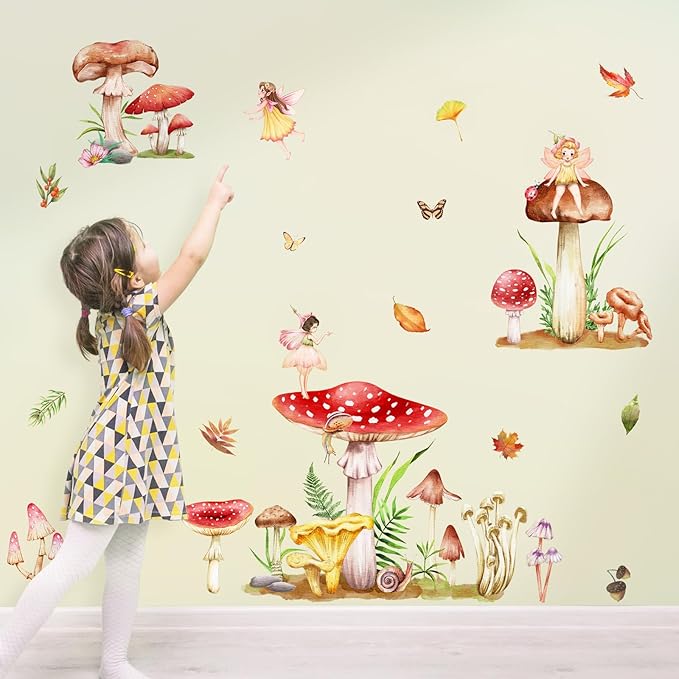 Supzone Woodland Mushroom Wall Decals Elf Flower Fairy Wall Stickers Peel and Stick Vinyl Wall Art Decals for Girls Bedroom Living Room Baby Nursery Wall Decor